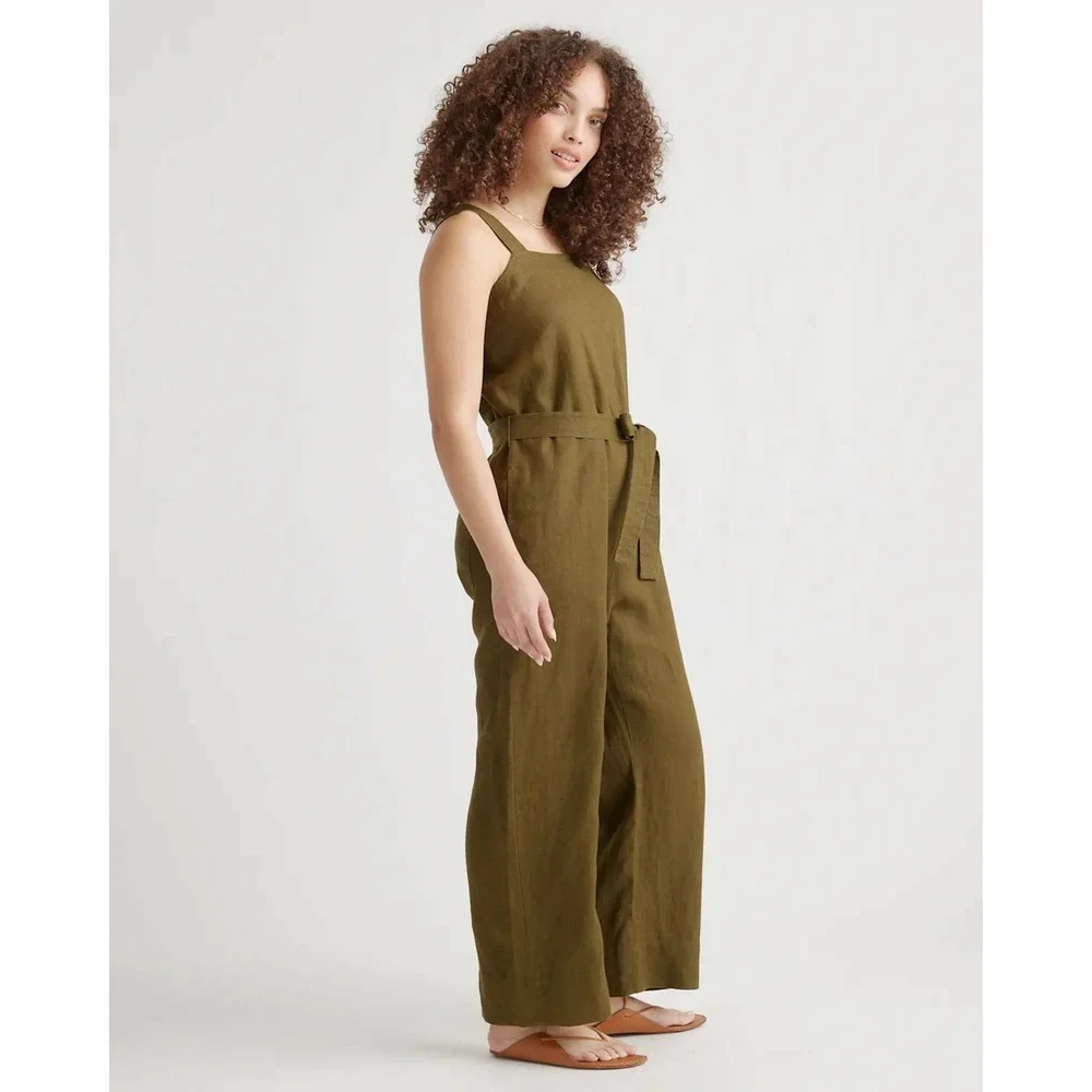 Quince 100% European Linen Square Neck Jumpsuit Martini Olive XL NWT